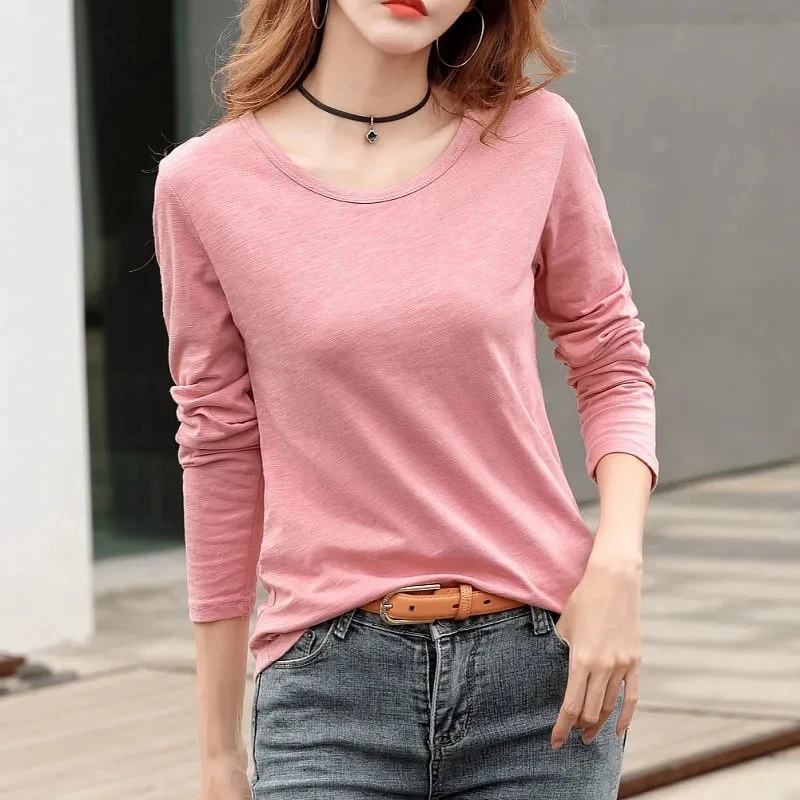 Spring Autumn Pure Cotton plus Size Women's Long Sleeve Bamboo Cotton T-Shirt Loose Fit round Neck Base Shirt Outerwear