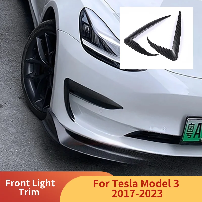 Real Carbon Fiber Front Light Trim for Tesla Model 3 Dry Carbon 3K 240G Lamp Blade Cover Decor Sticker Modification Accessories