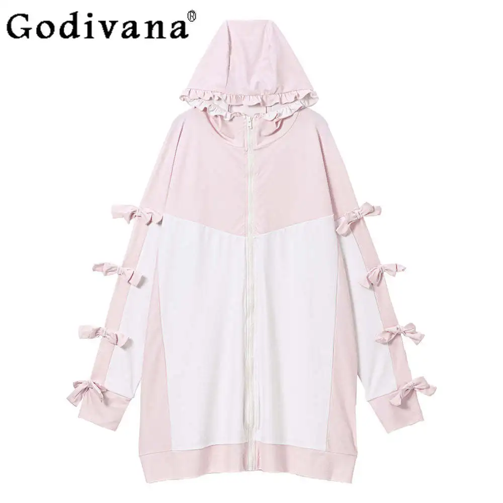 

Japanese Sweet Cute Loose Long Cardigan Jacket Womens Autumn Bow Zipper Casual Fashion Hooded Hoodies Student Kawaii Coat Tops