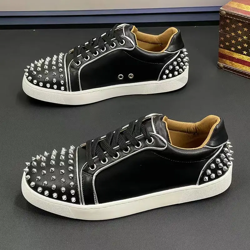 

men fashion punk hip hop dress rivets shoes lace-up original leather studded shoe black white flats spikes sneakers man footwear