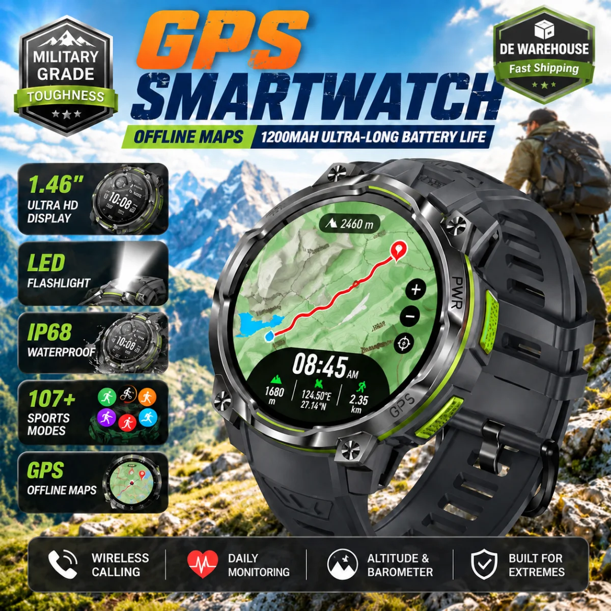Smartwatch GPS Militare Uomo Mappa Offline Ritorno Percorso 1200mAh 1.46" 107 Modalità Sportive…