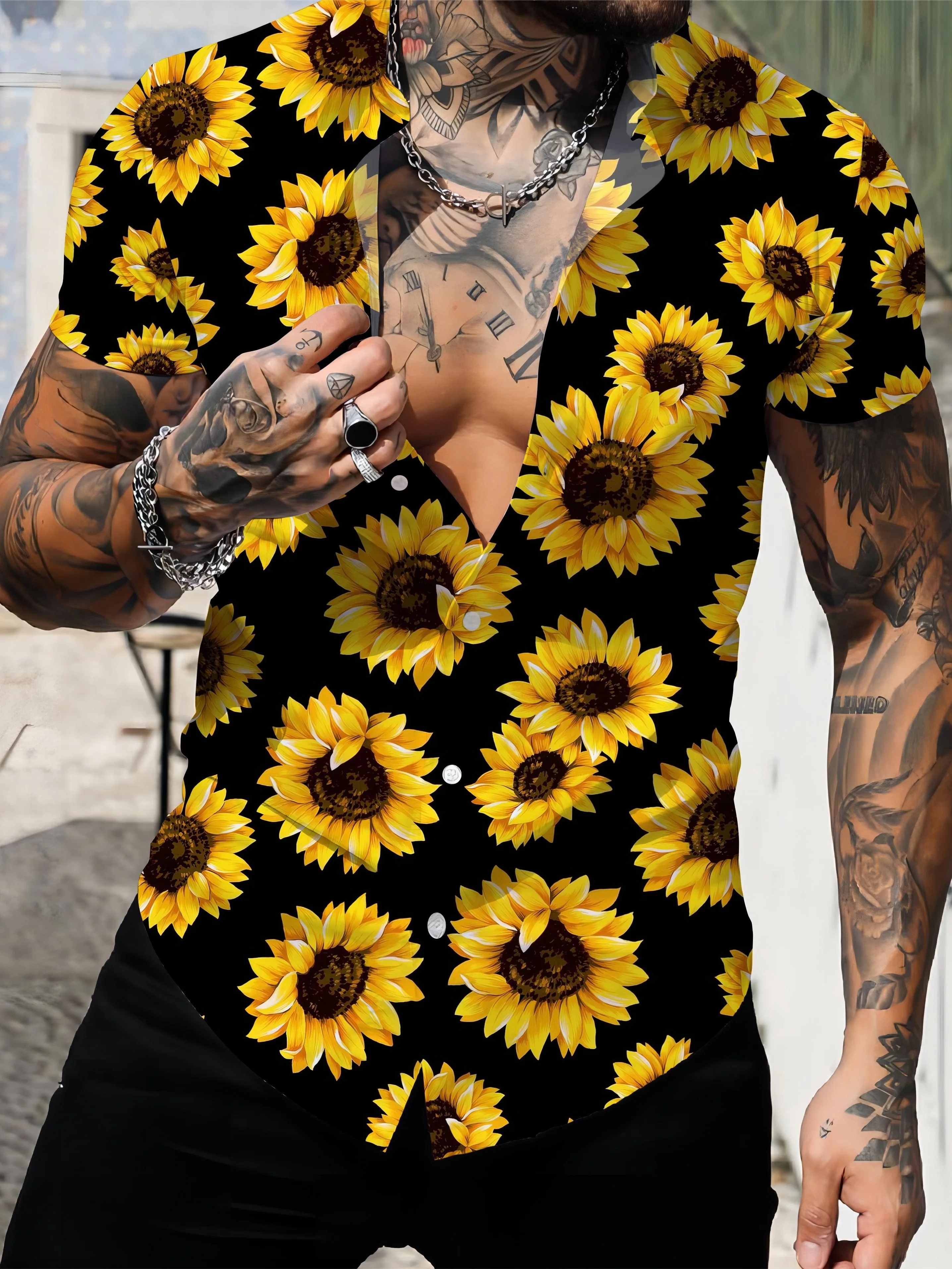 Sunflower Print Shirt For Men Fashion Classic Street Short Sleeve Summer Vacation Shirts Breathable Tops Men Hawaiian Shirts