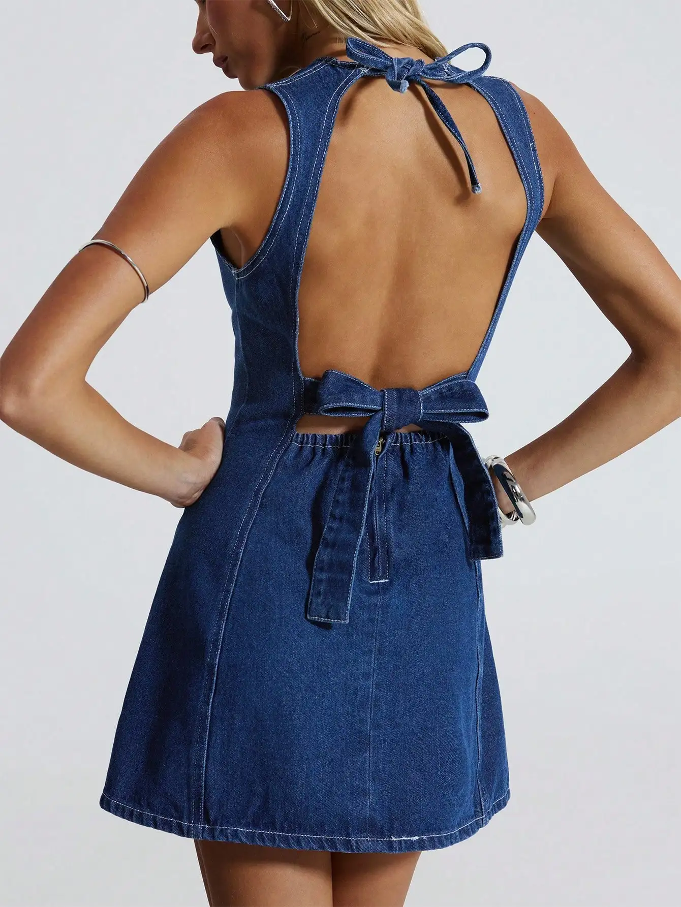 Women's Backless Mini Denim Dress With Bow Tie Casual A-Line Sleeveless