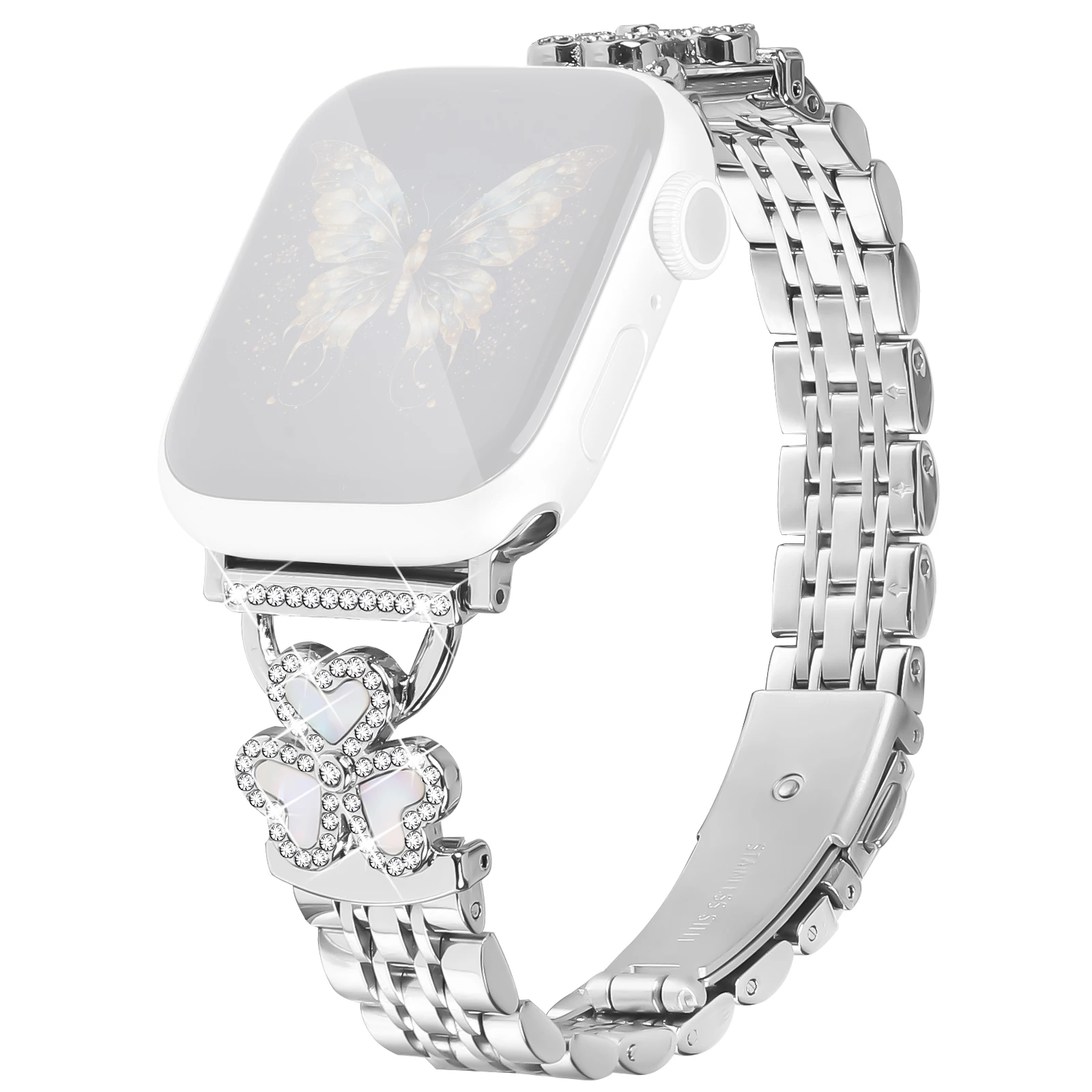 Silver Heart Clover Metal Band for Apple Watch Ultra 3 2 1 49mm  /  Series 11 10 46mm  /  9 8 7 45mm  /  SE3 SE2 SE 6 5 4 44mm