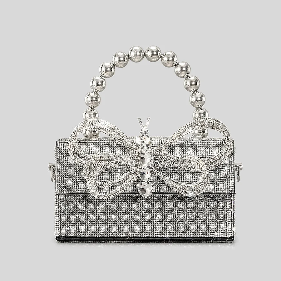 

Luxury Diamonds Bow Box Evening Bag Designer Rhinestone Beading Women Handbags Shinny Shoulder Crossbody Bag Small Flap Purses