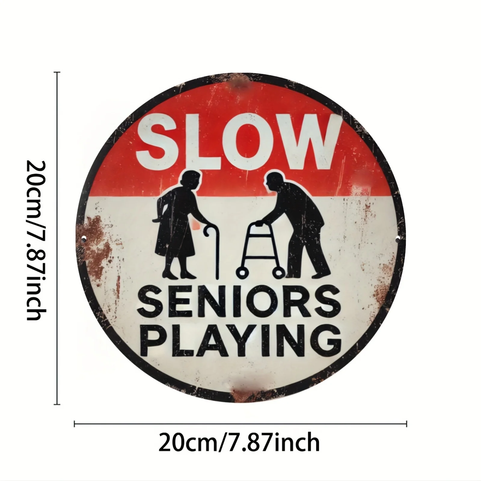 Vintage Elderly Silhouette Warning Sign Grunge Porch Decor 2D 7.87x7.87 Inch Metal Tin Sign / Iron Plaque