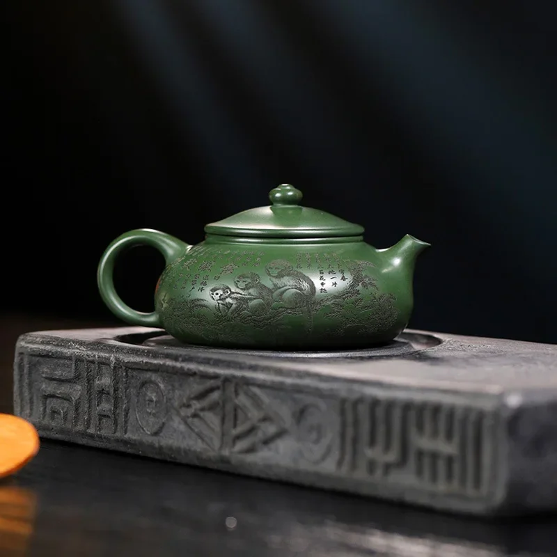 Authentic Yixing Purple Sand Pot Famous Handmade Teapot Household Kung Fu Tea Set Ball Hole Set Green Clay Engraving Teapot Gift