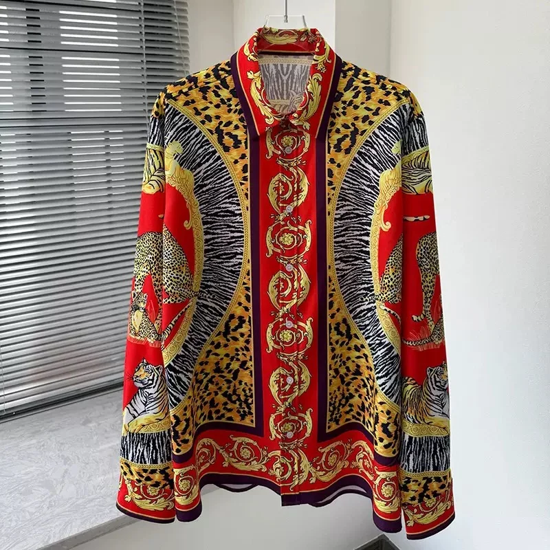 Men's shirt retro Baroque animal print shirt casual loose long sleeved shirt light luxury design sense men's top XS-6XL size