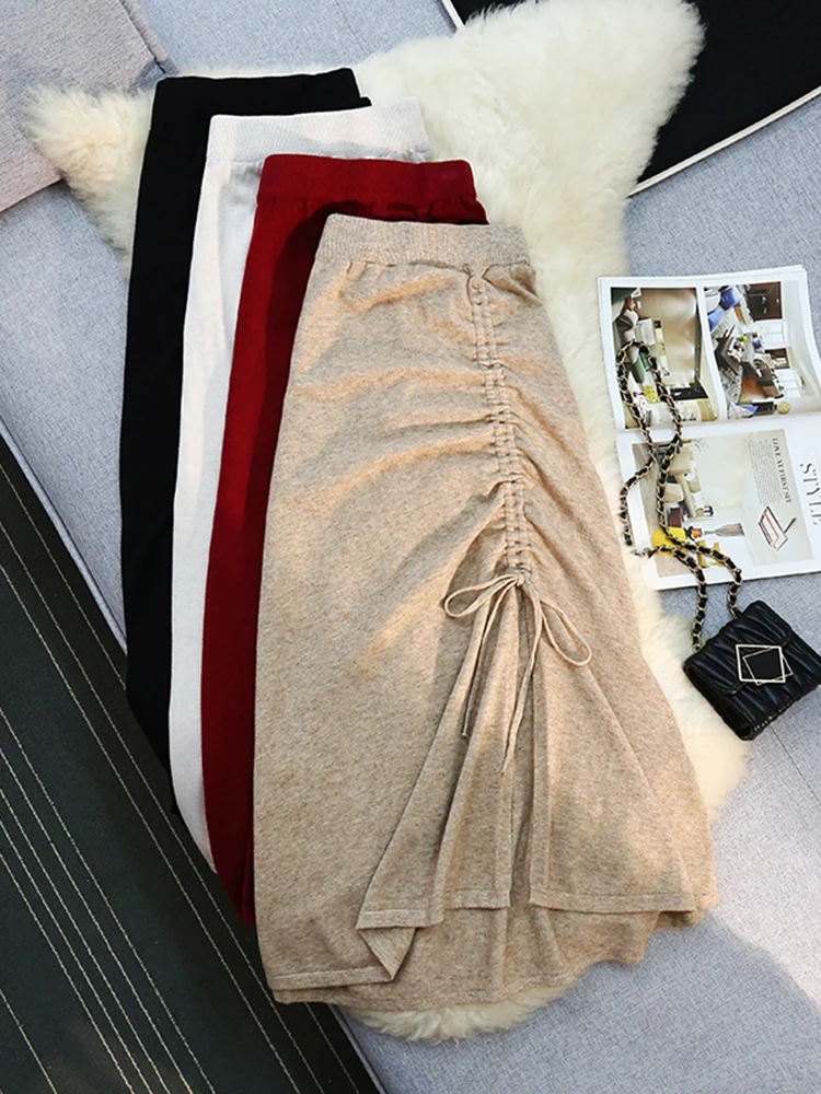 

Новая женская мода, нерегулярная трикотажная полуюбка на шнурке, корейская уличная повседневная женская универсальная юбка трапециевидной формы с высокой талией