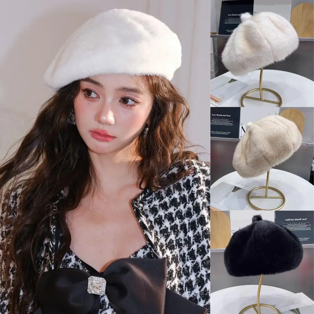 

Fashion Faux Mink Fur Berets Women's Winter Caps Elegant Lady Mink Plush Hat British Artist Painter Hats Thick Warm Beanies Cap