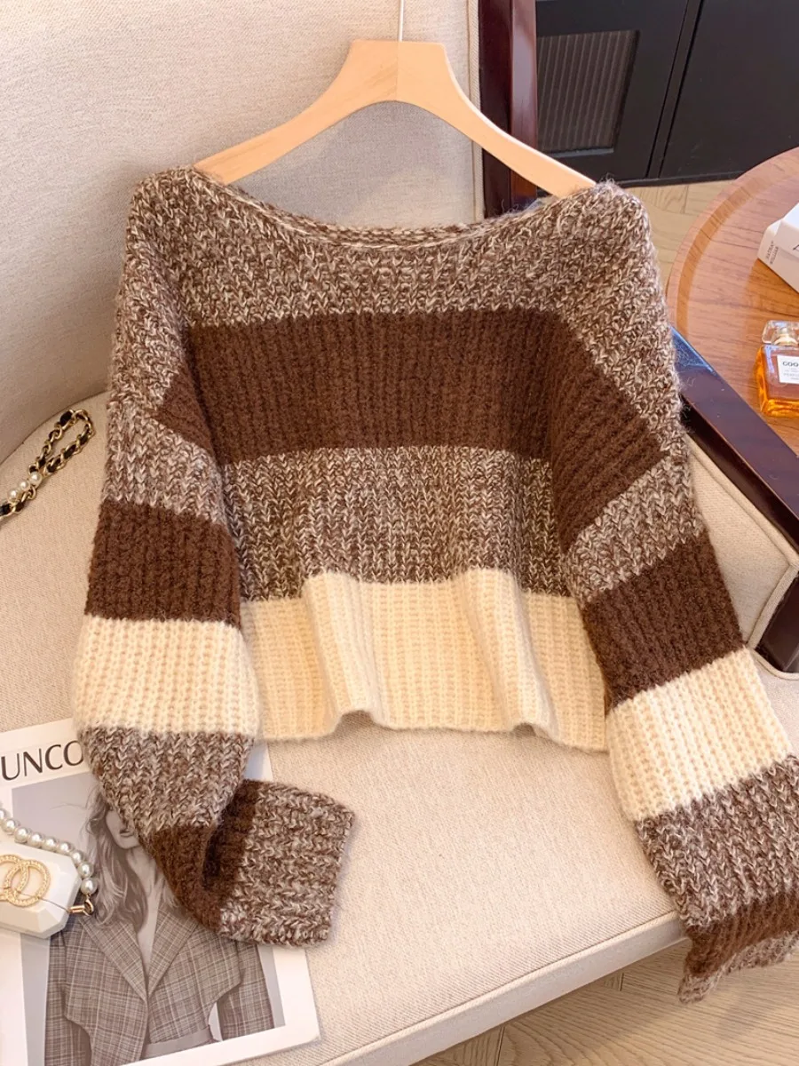 

Мягкий вязаный свитер, женский свитер на одно плечо, в полоску, цвет в стиле ретро, осенняя новинка, корейская версия