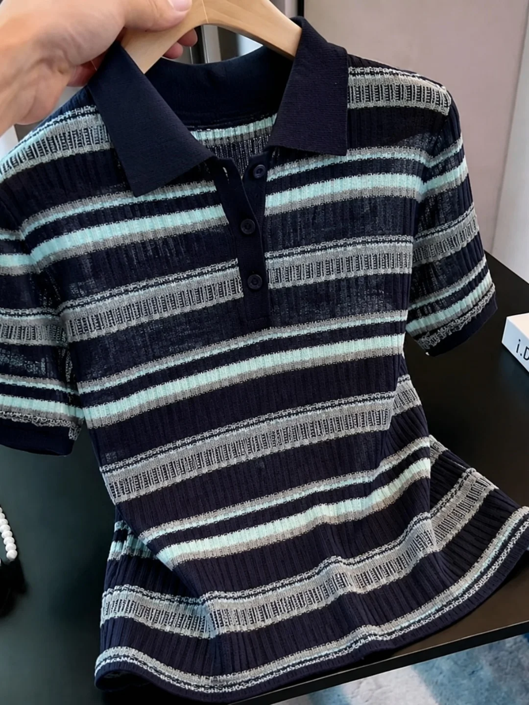 

Slim Fit Short Sleeve Neck Knitwear Striped Color Block Design Women's Fashionable Summer Top Korean Style Regular Length