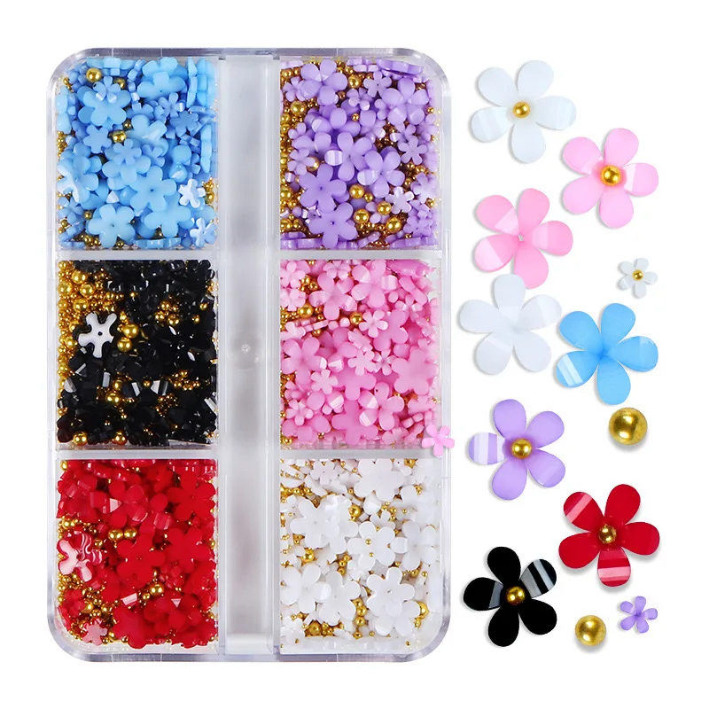 6 Slots/box Trendy Resin Flower With Pearls Nail Charms Decoration Press On Nails Art Design Accessories Manicure Ornament