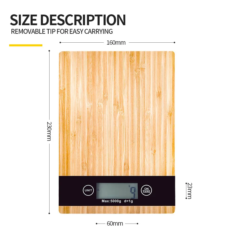 Multifunctional electronic kitchen scale with a bamboo panel, equipped with high-precision sensors and LCD