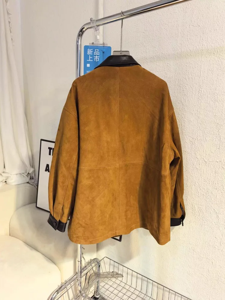 Vintage Autumn Women Genuine Leather Jacket High Quality Suede Goatskin Medium Long Casual Coat British Style Loose Outerwear