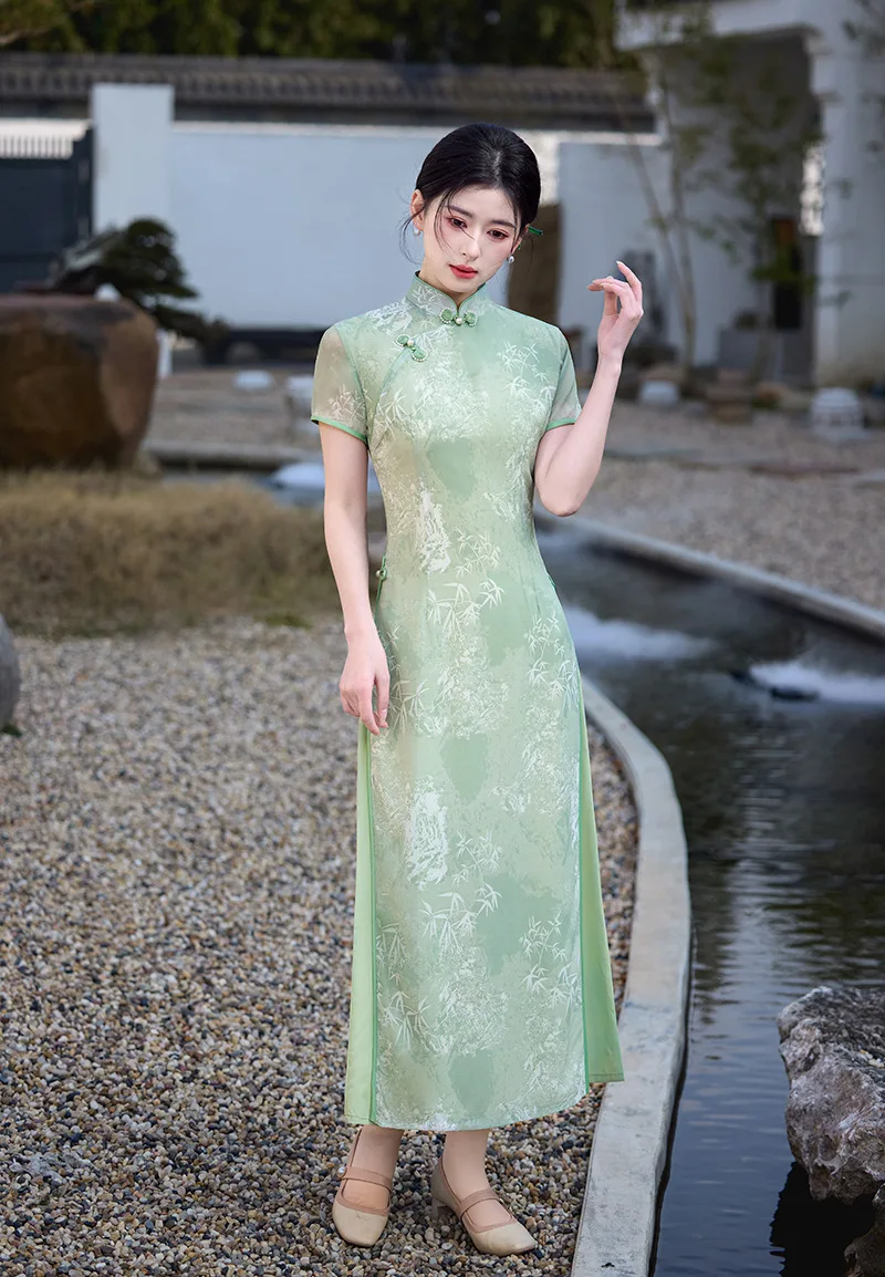 

Элегантное платье Aodai в китайском стиле, летнее повседневное сексуальное платье Cheongsam с высоким разрезом и короткими рукавами, женские платья Qipaos