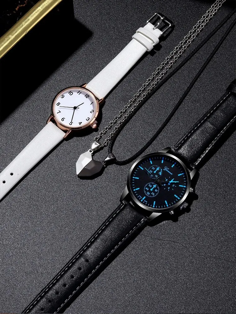 4pcs Fashion Versatile Creative Personalized Men and Women Couple Watch Quartz Watch with Love Pendant Necklace Combination Set