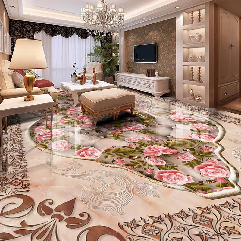 

3D Floor Tiles Sticker European Style Rose Photo Mural Wallpaper Living Room Hotel Home Decor Waterproof Self-adhesive PVC