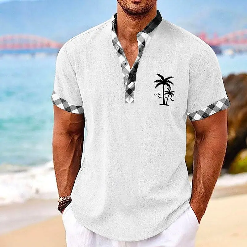 Coconut Tree Plaid 3D Print Henley Shirts Men\'s Casual Oversized Button Stand Collar Short Sleeve T Shirt Tees Tops Man Clothing