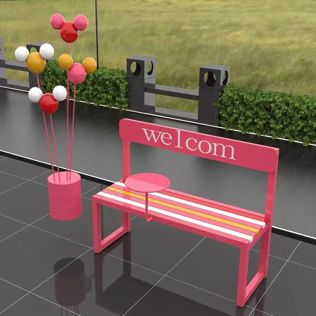 Outdoor design sense park milk tea coffee shop gym lounge area shopping mall rainbow chair