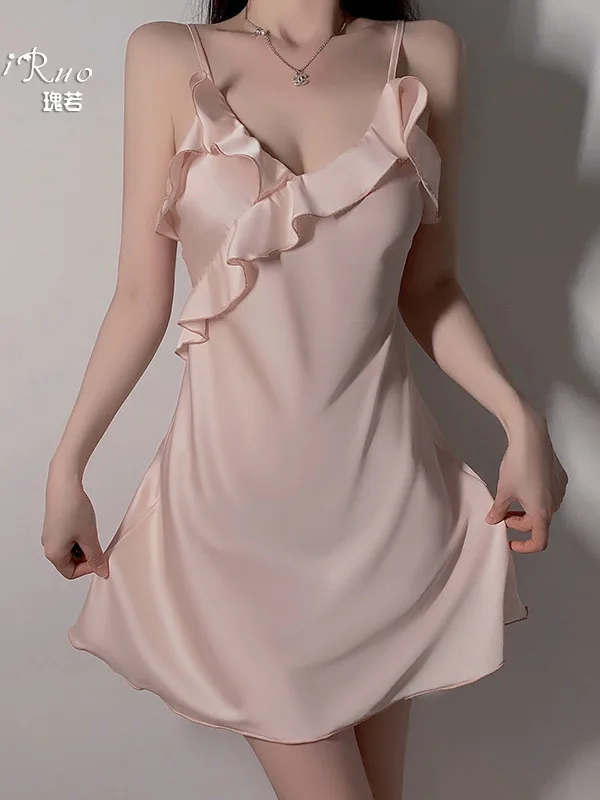 Summer Fashion Exotic Women's New Clothing Strap Thin Edition 2024 New V-neck Ruffle Solid Color Simple Silk Elegant Dress T15J