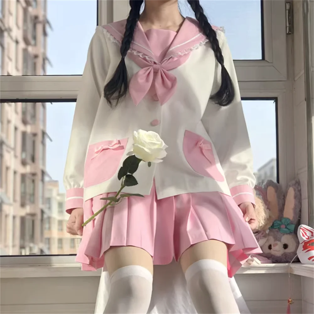 Kindergarten JK Uniform Student Long Sleeve Loose Fall Pink Rabbit Ear Top Short Skirt Lolita Set