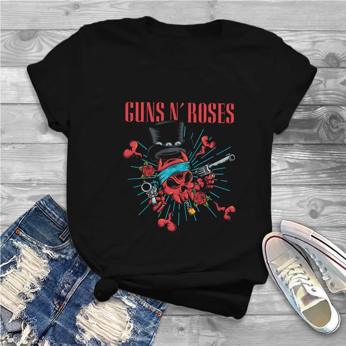 Pistolety i róża Heavy Metal koszulka poliestrowa dla kobiet Humor czaszki letnia koszulka T Shirt nowość modne — zdjęcie 3
