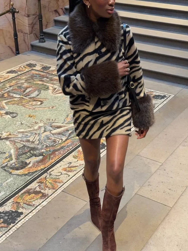 Zebra Print Faux Fur Collar Cuff Button Down Long Sleeve Cropped Jacket Women 2026 Autumn Chic Street Coat