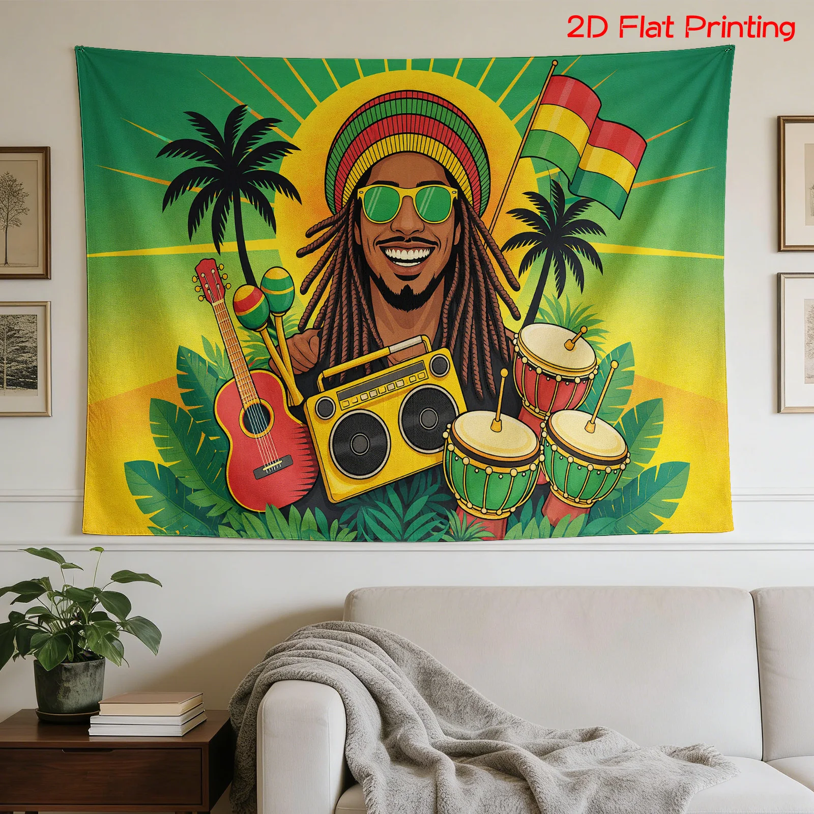 Bohemian Tapestry Wall Hanging Tropical Music Art Boho Decor Funky Reggae Style Mural for Living Room Vibes