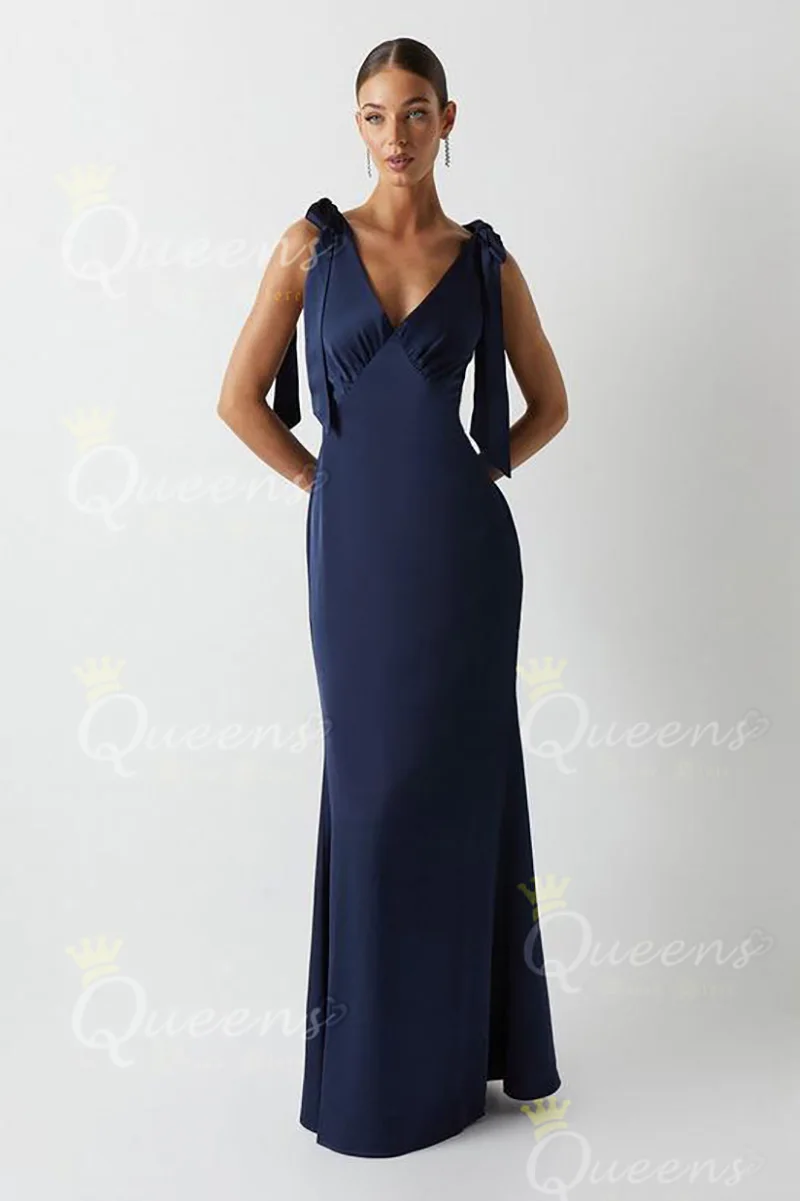 QueensLove Sexy Bridesmaid Dress V-Neck Satin Evening Prom Party Dress Straps A-Line Elegant Wedding Dress Customize