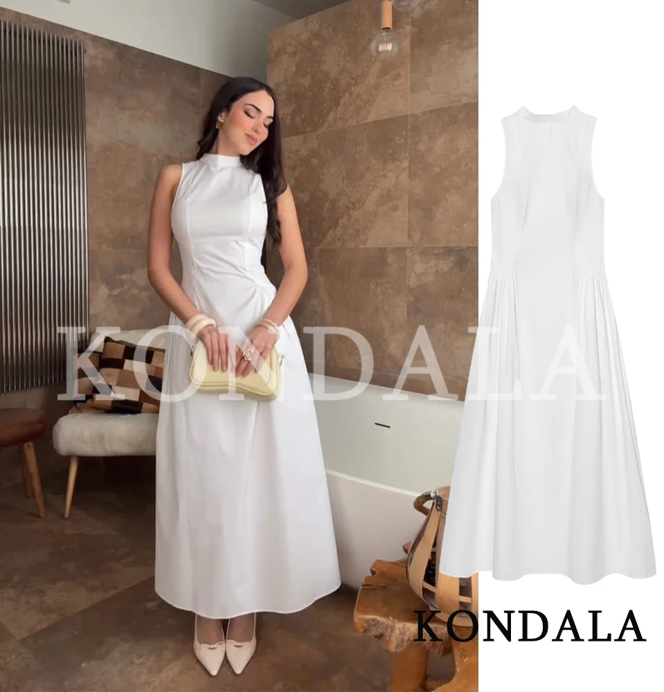 KONDALA Women Minimalist White Slim Halter Dress Elegant Holidays Chic Waist Dress 2026 New Summer Fashion Lady Sweet Long Dress