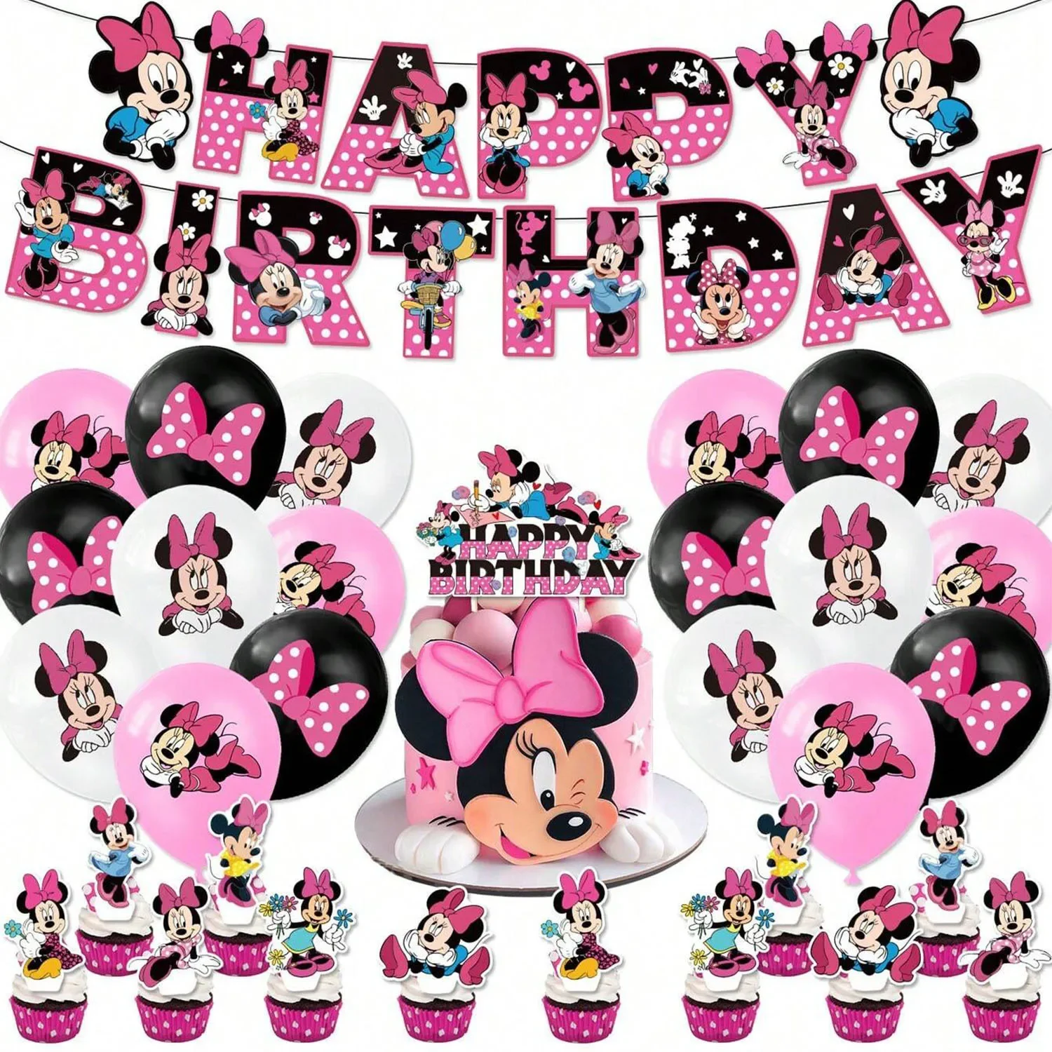 15pcs Disney Minnie Flags, Cute Cartoon Party Supplies, Happy Birthday Banner, Party Wall Decorations, Party Scene Decoration