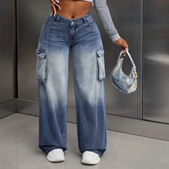Cargo Jeans Women's Wide Leg Multi Pocket Faded Wash Utility Denim Pants Streetwear Trousers