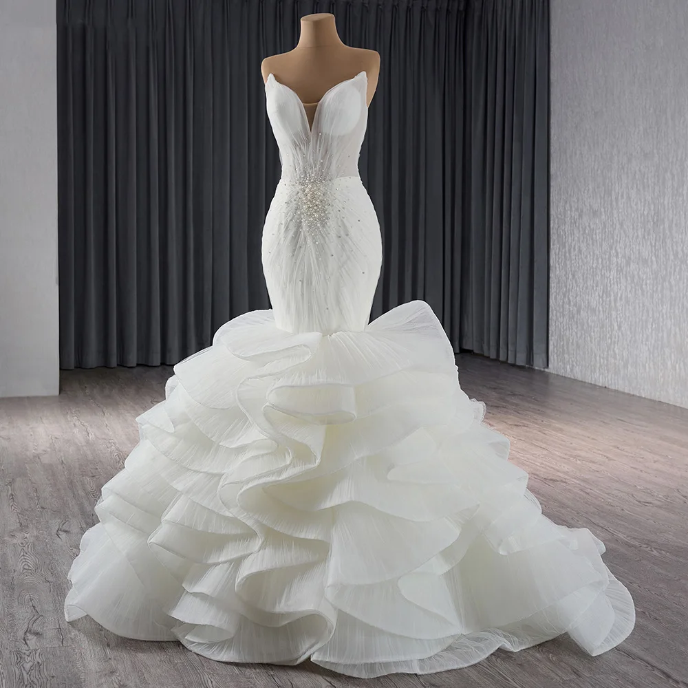 Vestido De novia De Organza sin tirantes, corpiño elegante De encaje con cuentas De lentejuelas, RSM241065