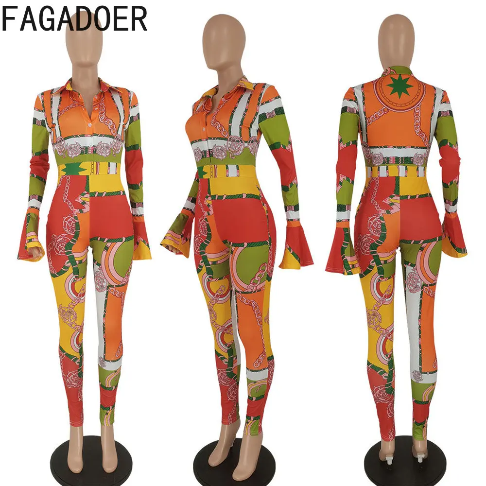 FAGADOER African Retro Print Jumpsuits Women Turndown Collar Button Long Sleeve Playsuits Sexy Slim Vintage Pattern Overall 2023