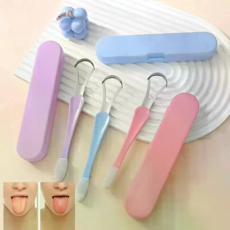 

Скребок для языка 2 в 1, очиститель для взрослых и детей, силиконовая щетка для языка и скребки для языка из нержавеющей стали для свежего дыхания, стоматологии