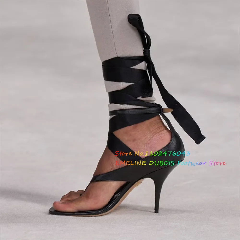 Infradito da donna in pelle con tacco alto, punta aperta, nastro con lacci, cinturino con fibbia, tinta unita, nuovo abito da festa estivo, scarpe da spettacolo