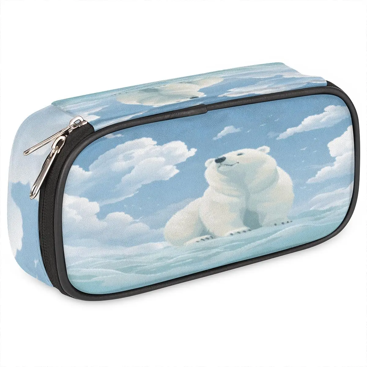 Polar Bear Leather Pencil Case Pen Holder Large Capacity Black Stationery Organizer Pencil Bag with Zipper for Boys Girls Bear