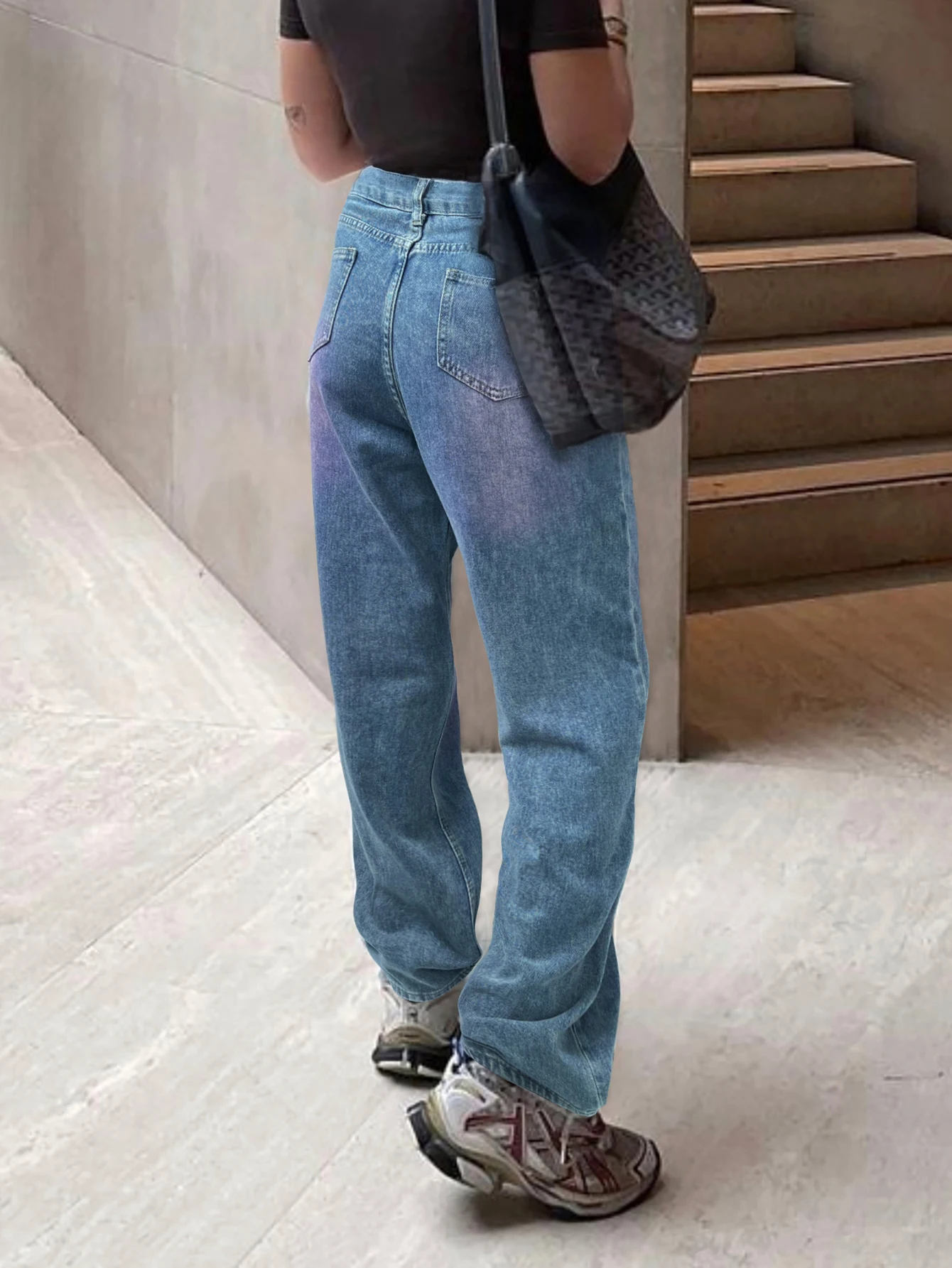 กางเกงยีนส์ทรงตรงขากว้างไล่เฉดสีสไตล์ Y2K สำหรับผู้หญิง เอวกลาง ผ้าพลีทเย็บติดกัน ลุคสี่ฤดู