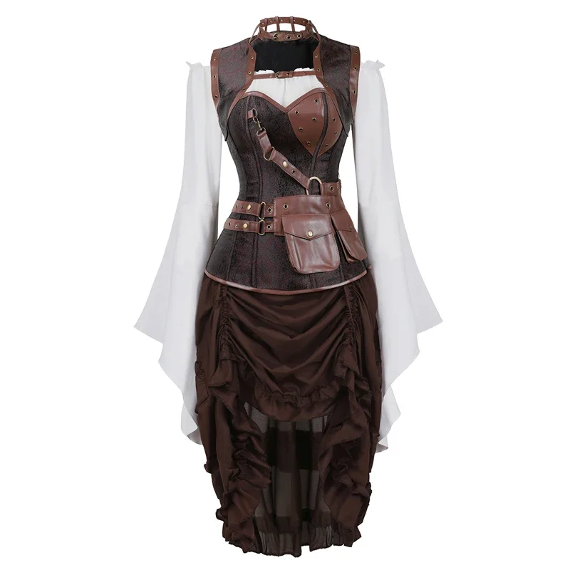 

steampunk corset dress top skirt 3-piece costume cosplay gothic punk corsets bustier pirate burlesque vintage plus size brown