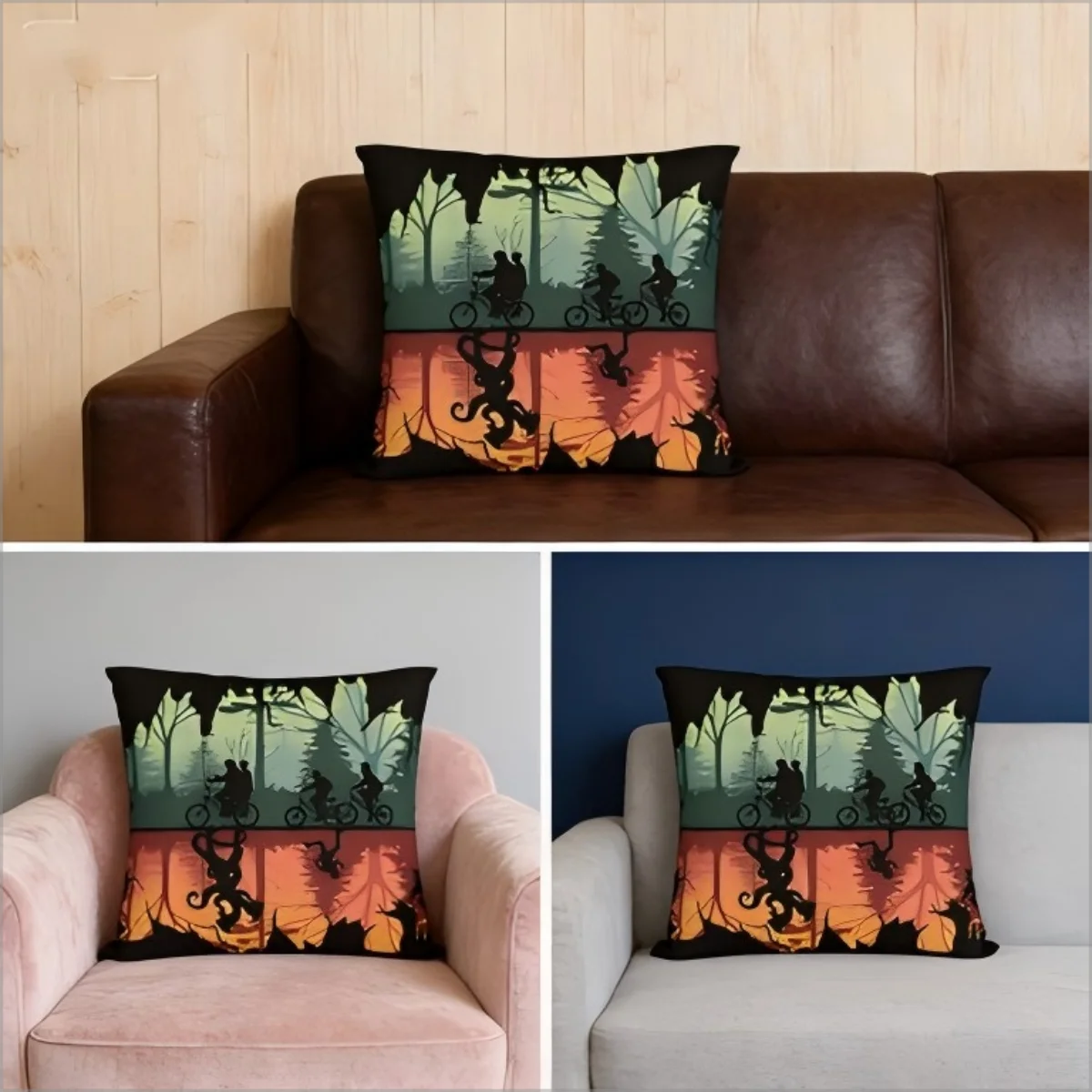 Horror Sci-Fi Inspired Pillow Cover - Upside down Forest Scene Bike Cushion Case for Living Room Home Decor