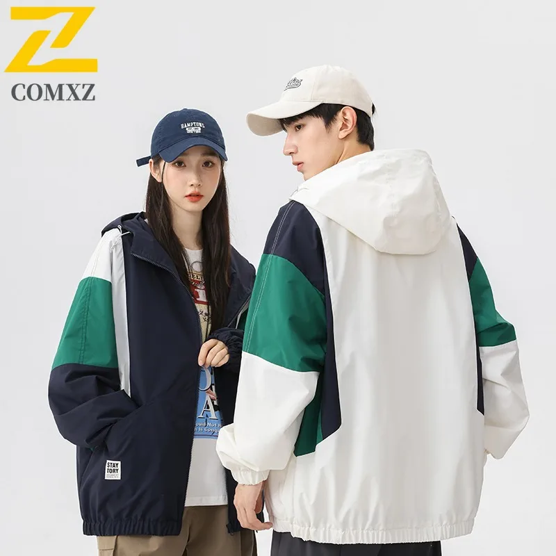 COMXZ 2025 Japanese Patchwork Hooded Jacket Men Women Heavyweight Waterproof High Quality Straight Pocket Coat