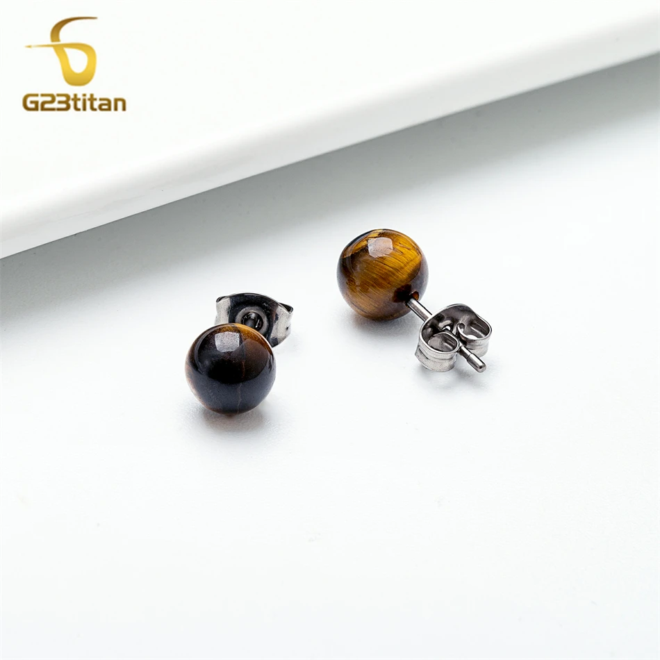 Natural Stone Tiger Eye Beads Earrings Women Men Surgical Titanium Piercing Jewelry Fashion Simple Round Ball Ear Stud Accessory