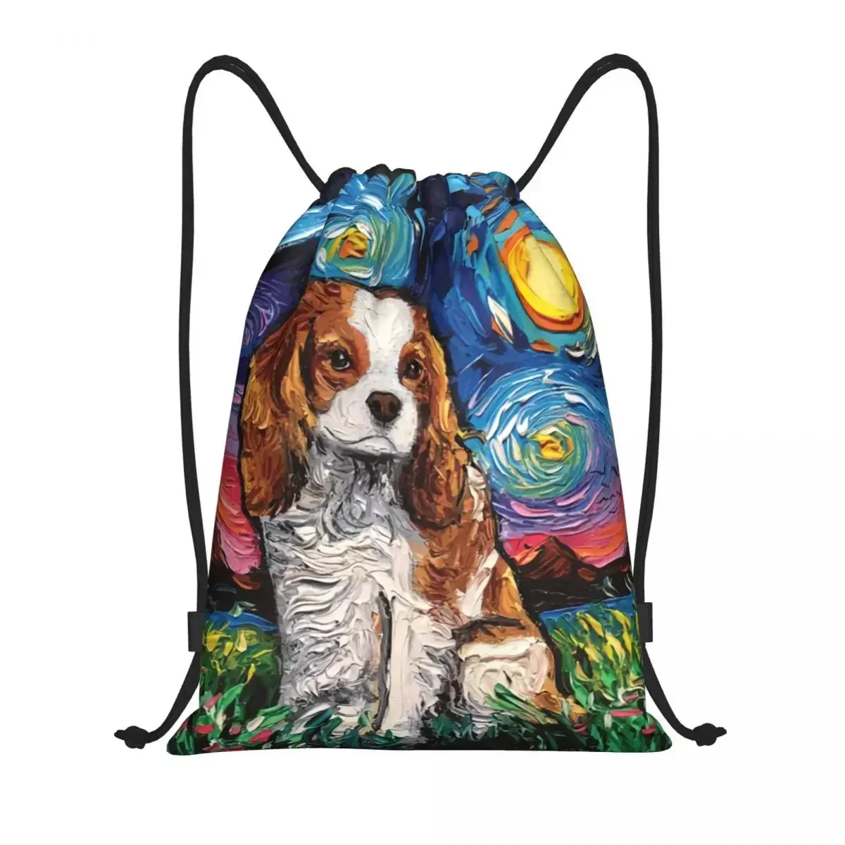 Cavalier King Charles Spaniel Pet Portraits Art Drawstring Backpack Women Men Sport Gym Sackpack Foldable Dog Training Bag Sack