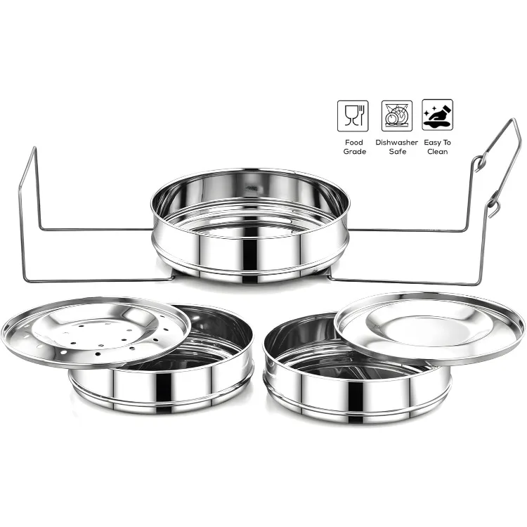 Stainless Steel 3 Tier Stackable Insert Pans, Compatible with 6 Qt Instant Pot, Pot-in-Pot, Baking Pans for Flan