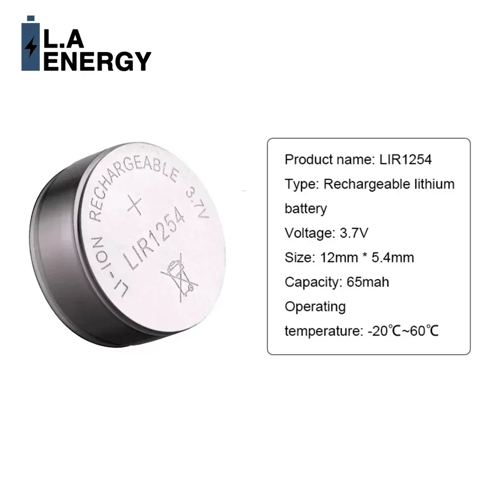 2PCS LIR1254 Rechargeable Lithium Battery 65mAh LIR 1254 Button Type Rechargeable Battery Cylindrical Wireless Bluetooth Headset