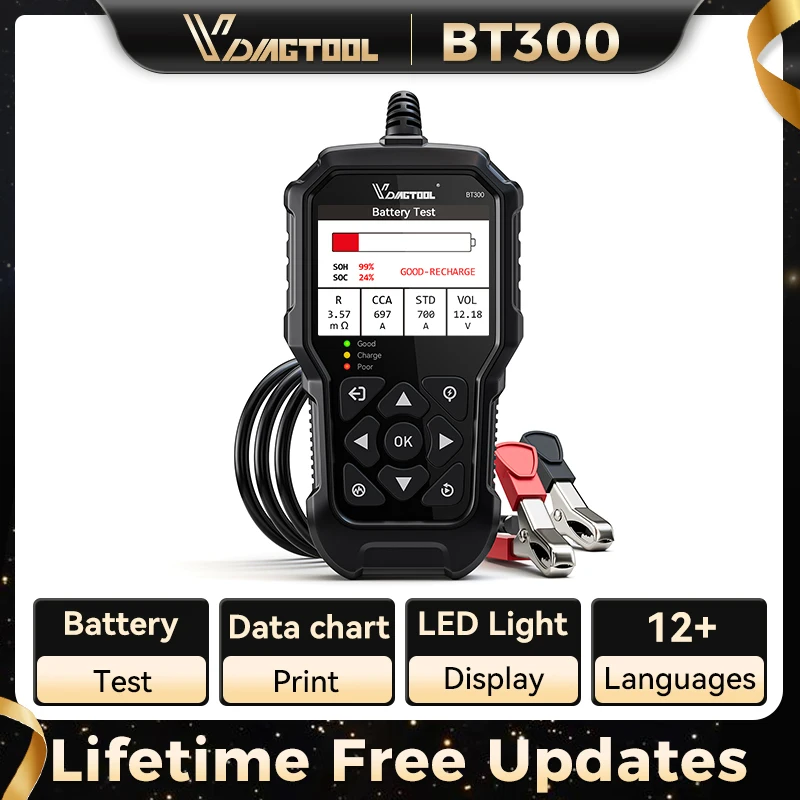 

VDIAGTOOL BT300 Car Battery Tester Automotive Diagnostic Charging Cranking Test LED light Waveform playback Print for 6V 12V Car