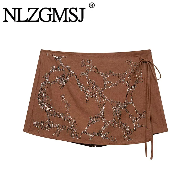 Nlzgmsj 2026 Women Y2K Bead Decoration Wrap Skirt Tie Waist Short Skirt for Summer Vacation Low Rise Mini Skirt
