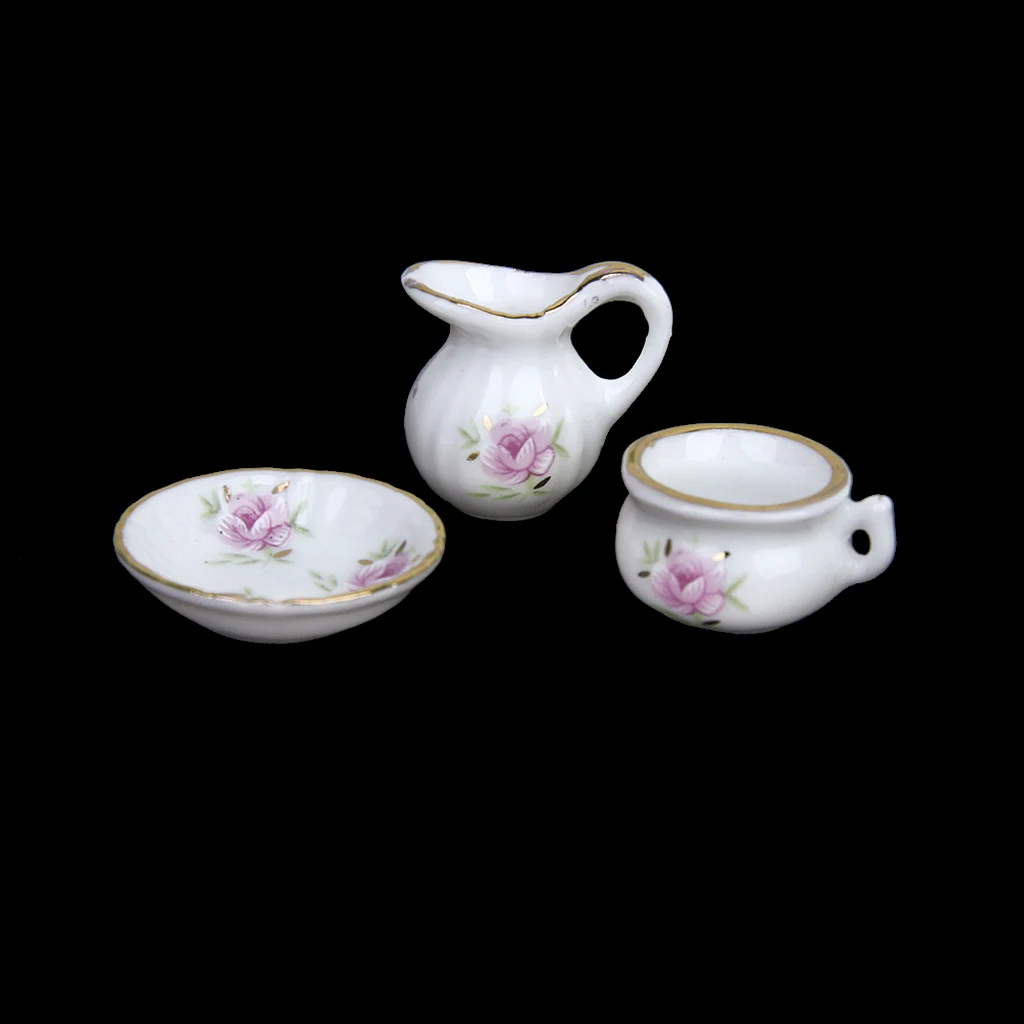 8 peças 1/12 casa de bonecas em miniatura acessório de banheiro produtos de higiene pessoal rosa floral cerâmica