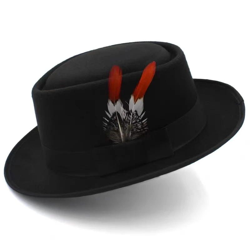 

feather porkpie hats for men solid black fedora hats gentleman fashion sombrero hombre chapeu masculino show vintage Business